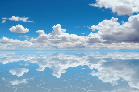 beautiful clouds reflected in the water of a lagoon on a sunny dayの素材