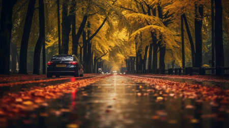 Autumn road with fallen leaves and car in the city. 3d renderingの素材
