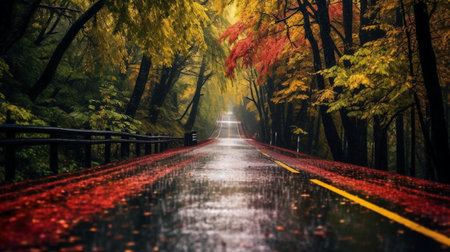 Autumn road in the forest with colorful trees and foggy landscapeの素材