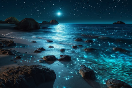 Beautiful night landscape with starry sky and sea. 3d renderingの素材
