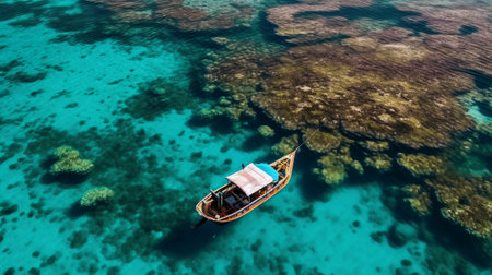 Aerial view of traditional Thai longtail boat on tropical coral reef.の素材