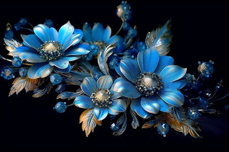 Beautiful blue flowers on a black background. Floral background.の素材