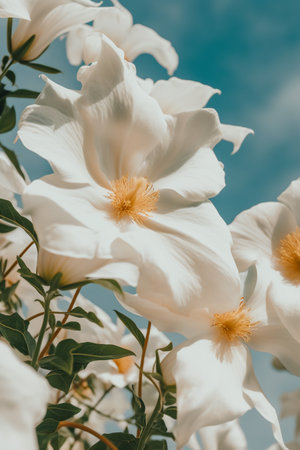 Beautiful white flowers on a background of blue sky, retro tonedの素材