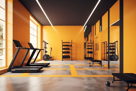 Interior of modern gym with yellow and orange walls, concrete floor, row of rows of treadmills and rows of gray and black equipment. 3d renderingの素材