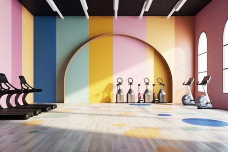 Interior of modern gym with colorful walls, white floor and rows of exercise machines. 3d renderingの素材