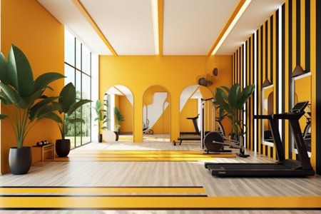 Interior of modern fitness room with yellow walls, concrete floor, yellow and wooden floor, fitness equipment and green plants. 3d renderingの素材