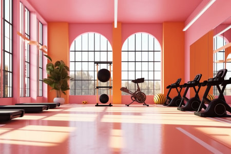 Interior of a fitness room with red walls, orange floor and a large window. 3d renderingの素材