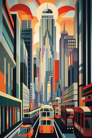 Cityscape with tram and skyscrapers. Vector illustration in retro styleの素材