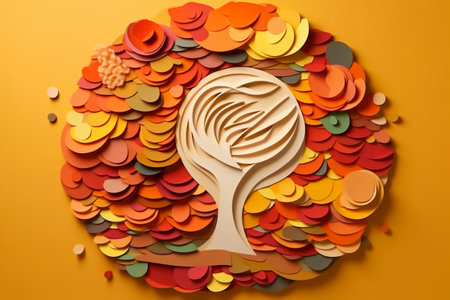 Colorful paper cut out of flower shape on orange background with copy spaceの素材