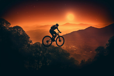 Silhouette of a cyclist riding a mountain bike in the mountains at sunsetの素材