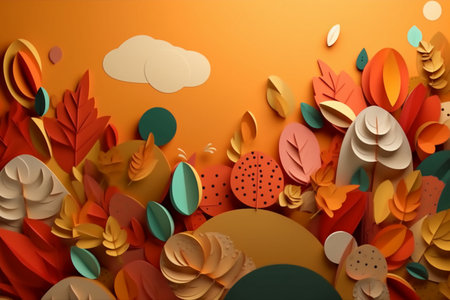 Autumn background with paper cut leaves. 3d render illustration.の素材