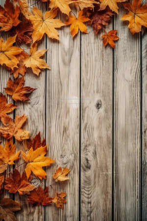 Autumn leaves on wooden background with copyspace. top viewの素材