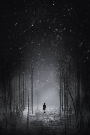 Silhouette of a man walking in a dark forest during a snowfallの素材