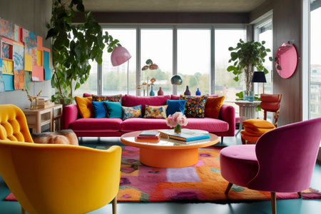 Interior of a modern living room with colorful sofa and armchairsの素材