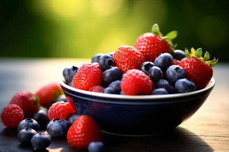 Blueberries and raspberries in a bowl on a wooden tableの素材