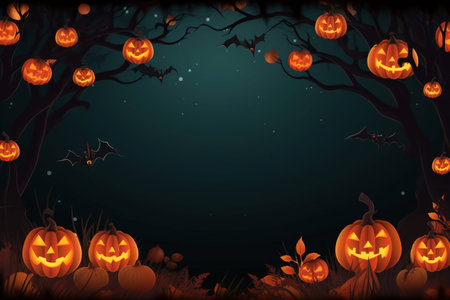 Halloween background with pumpkins, bats and trees. Vector illustration.の素材