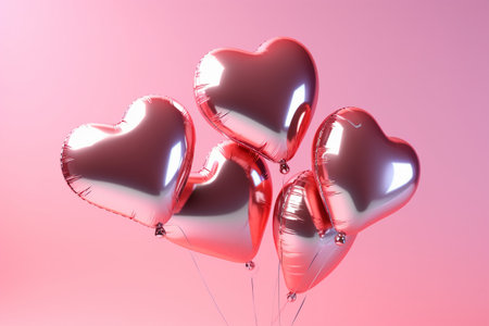 Red heart-shaped balloons on a pink background. 3d renderの素材