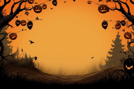 Halloween background with pumpkins, bats and trees. Vector illustration.の素材