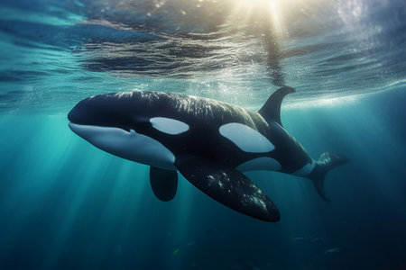 Killer whale swimming in blue ocean with sun rays and sunbeamsの素材