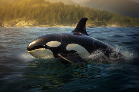 Beautiful killer whale in the ocean at sunset. 3d renderingの素材