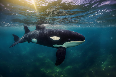 Orca or killer whale swimming in the deep blue ocean with sun raysの素材