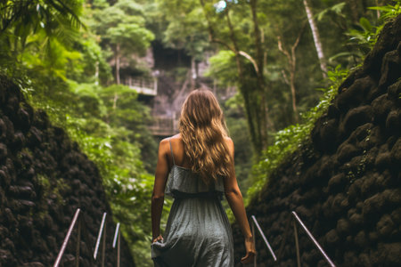 Young woman with long hair walking in the rainforest, Bali island, Indonesiaの素材