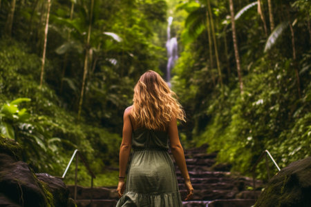 Young woman walking in the rainforest of Bali island, Indonesiaの素材