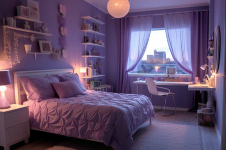 Beautiful bedroom interior design with purple curtains. 3d rendering.の素材