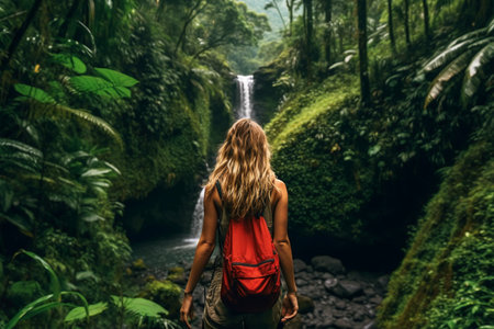 Young woman with backpack standing in the rainforest and looking at the waterfallの素材