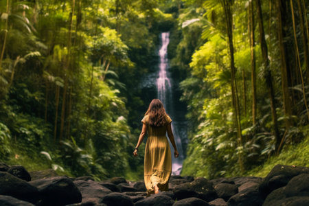 Beautiful girl in a long dress walking in the jungle with a waterfall in the backgroundの素材