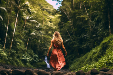 Beautiful girl in a long red dress on the background of a waterfallの素材