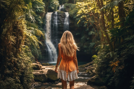 Beautiful woman in orange dress standing near waterfall in tropical forest.の素材
