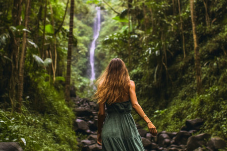 Young woman with long hair looking at the waterfall in the rainforestの素材