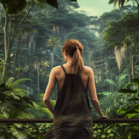 Young woman standing in the rainforest and looking at the jungle.の素材