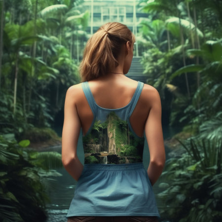 Young woman in the jungle with a pond in the background. 3d renderingの素材