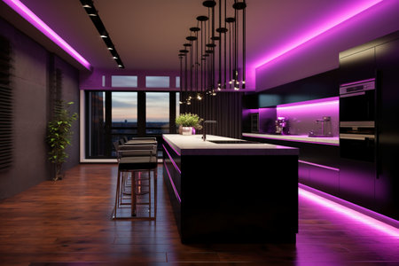 3d Illustration of black modern kitchen in a house with a beautiful designの素材