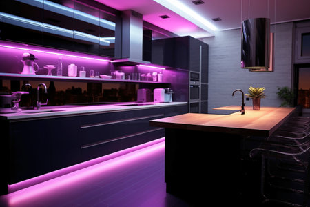 Interior of a modern kitchen with dark purple lighting. 3d renderの素材
