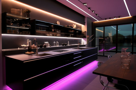 3d render of a modern kitchen in a night club with purple lightsの素材
