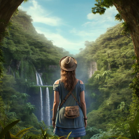 Woman traveler looking at the beautiful waterfall in the jungle. travel conceptの素材