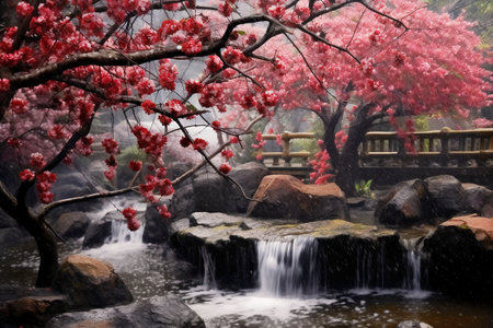 Cherry blossom in the garden with waterfall in the background.の素材
