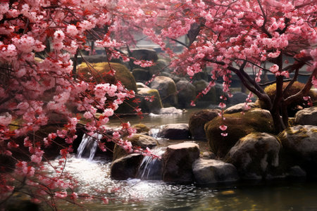 cherry blossom in the garden with water fall and stone backgroundの素材