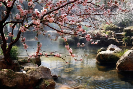 cherry blossom in japanese garden with pond and rockの素材