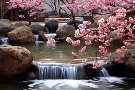 Cherry blossoms in the garden with a waterfall in spring.の素材