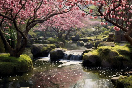 cherry blossom in the garden with water stream and rock backgroundの素材