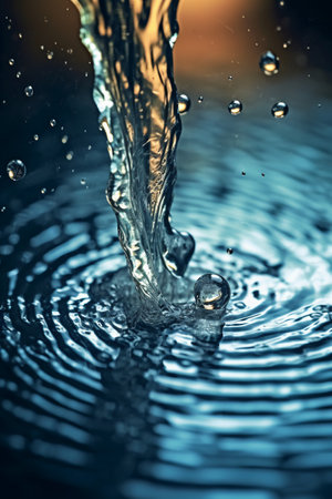 Falling drops of water. Splash effect after collision a falling drops with water Surfaceの素材