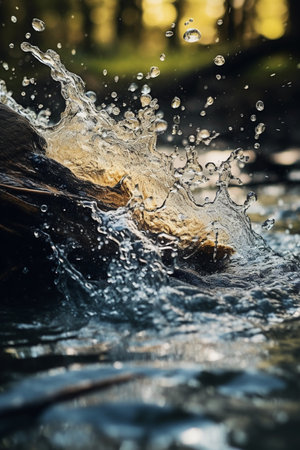 splashes of water on a wooden log in the forest in summerの素材