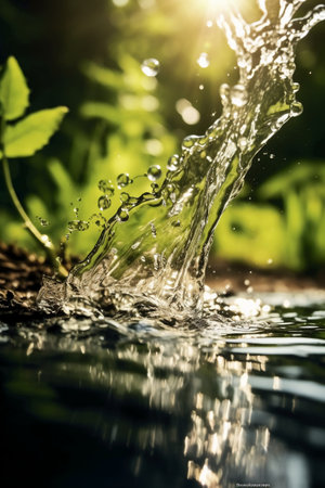 Water splash on the background of green leaves. Shallow depth of field.の素材