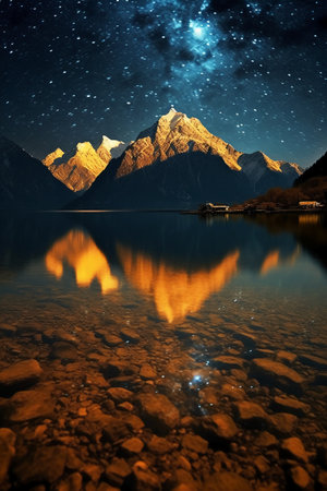 Mountain landscape at night with stars and reflection in the lake.の素材