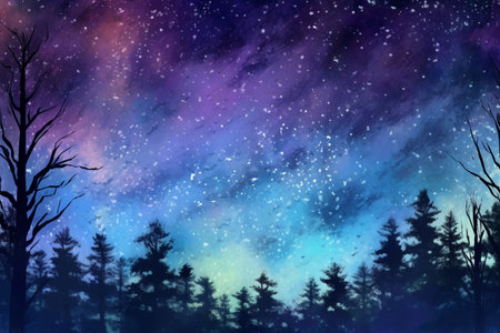 Winter landscape with fir trees and starry sky. Digital painting.の素材