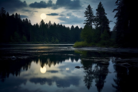 Beautiful sunset on the river in the forest. Evening landscape.の素材